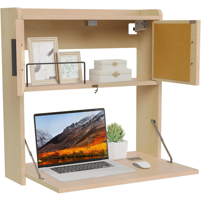 Wall Mounted Desk Multifunctional Fold Down Laptop Computer Table Writing Workstation With Storage Compartments Space Saving For Home Office Natural